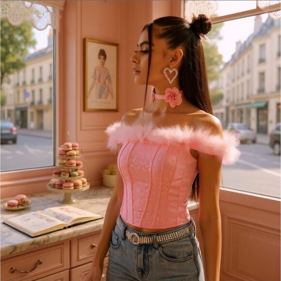 Sugar Thrillz Pink Jacquard Off‑Shoulder Bustier w/ Marabou Trim & Side Zip – S - Picture 8 of 8